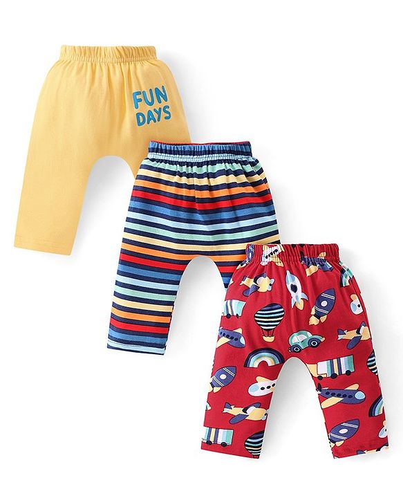 Babyhug Interlock Cotton Knit Full Length Striped Diaper Leggings with Vehicles Print Pack of 3 - Yellow & Red