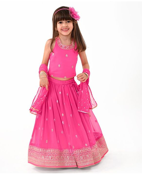 Babyhug Sleeveless Georgette Woven Mirror Work Embroidered Choli Lehenga with Dupatta - Pink