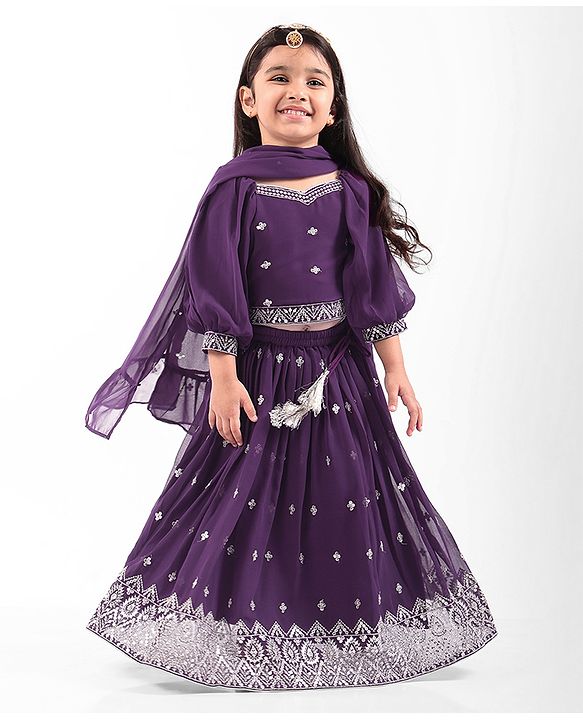 Babyhug Woven Three Fourth Sleeves Georgette Sequin Embroidered Choli Lehenga & Dupatta Set - Purple