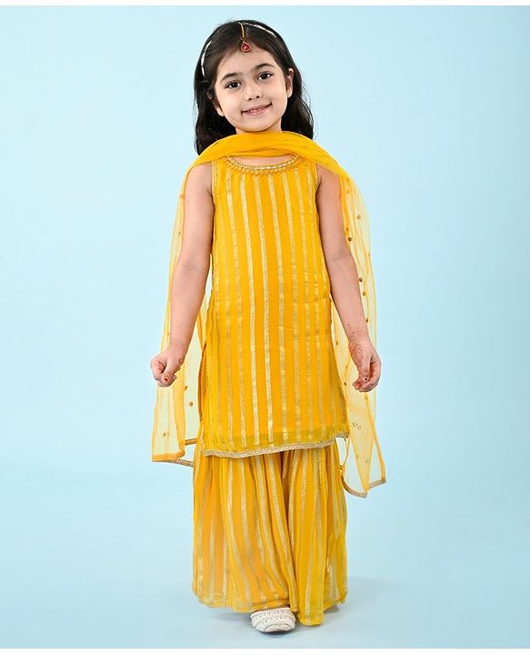 Babyhug Woven Sleeveless Georgette Gotta Patti Embroidered Kurti Gharara & Dupatta Set - Yellow