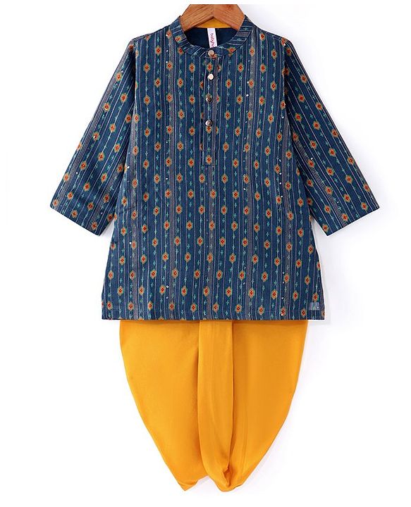 Babyhug Woven Full Sleeves Printed & Sequinned Kurta Dhoti Set - Teal