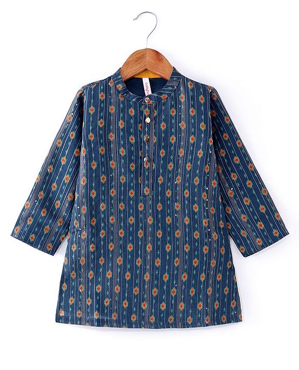 Babyhug Woven Full Sleeves Printed & Sequinned Kurta Dhoti Set - Teal
