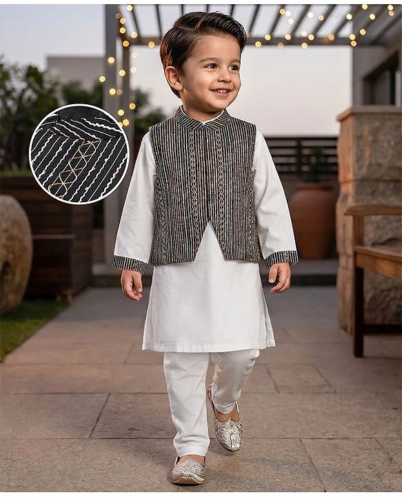 Babyhug Woven Full Sleeves Solid Kurta Pyjama Set With Sequinned Embroidered Jacket - Off White