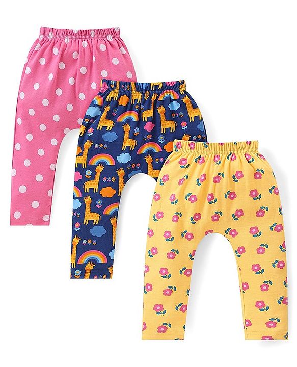 Babyhug Interlock Knit Full Length Diaper Leggings with Floral Polka Dots & Giraffe Print Pack of 3 - Blue Pink & Yellow