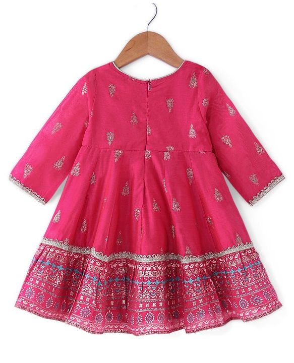 Babyhug Woven  Three Fourth  Sleeves Full Length Foil Printed Ehtnic Dress with Net Dupatta Embroidery & Sequenced Detailing  - Fuschia
