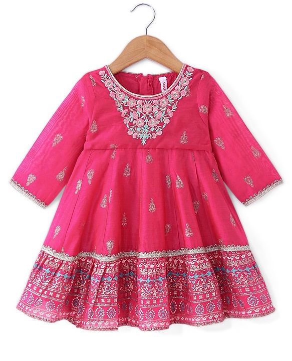 Babyhug Woven  Three Fourth  Sleeves Full Length Foil Printed Ehtnic Dress with Net Dupatta Embroidery & Sequenced Detailing  - Fuschia