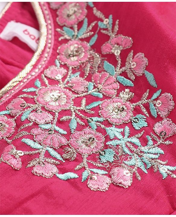 Babyhug Woven  Three Fourth  Sleeves Full Length Foil Printed Ehtnic Dress with Net Dupatta Embroidery & Sequenced Detailing  - Fuschia