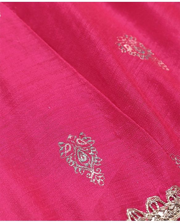 Babyhug Woven  Three Fourth  Sleeves Full Length Foil Printed Ehtnic Dress with Net Dupatta Embroidery & Sequenced Detailing  - Fuschia