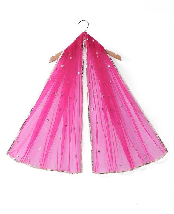 Babyhug Woven  Three Fourth  Sleeves Full Length Foil Printed Ehtnic Dress with Net Dupatta Embroidery & Sequenced Detailing  - Fuschia