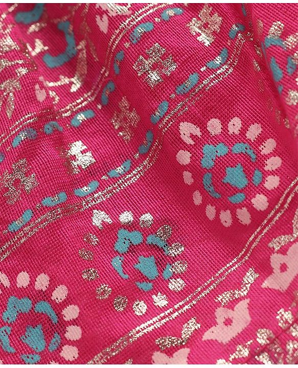 Babyhug Woven  Three Fourth  Sleeves Full Length Foil Printed Ehtnic Dress with Net Dupatta Embroidery & Sequenced Detailing  - Fuschia