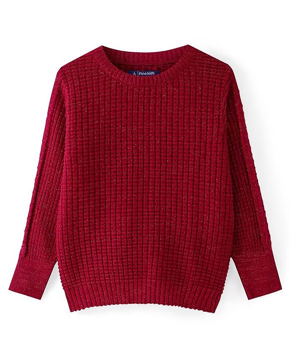 Pine Kids Full Sleeves Cable Knit Solid Pullover Sweater - Red