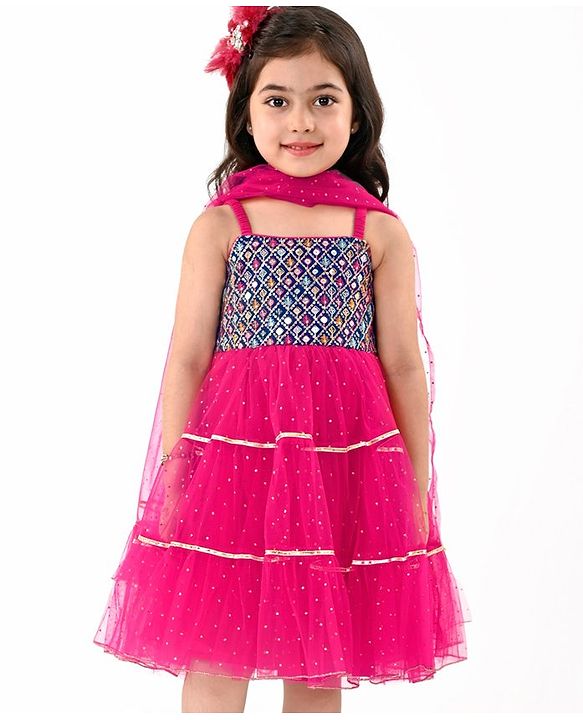 Babyhug  Sleeveless Net Embroidered Ethnic Dress With Mirror Work & Dupatta -  Hot Pink