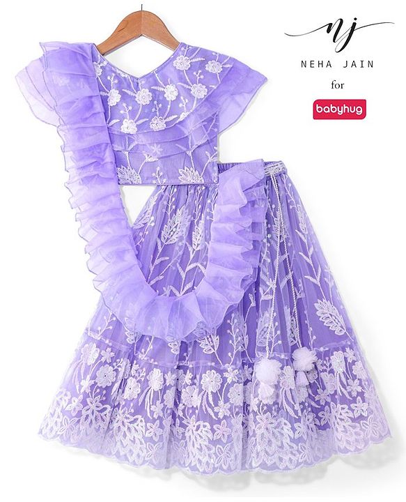 Babyhug Woven  Frill Sleeves Choli & Lehenga Set with Frilled Dupatta Sequin & Floral Embroidery  - Lavender