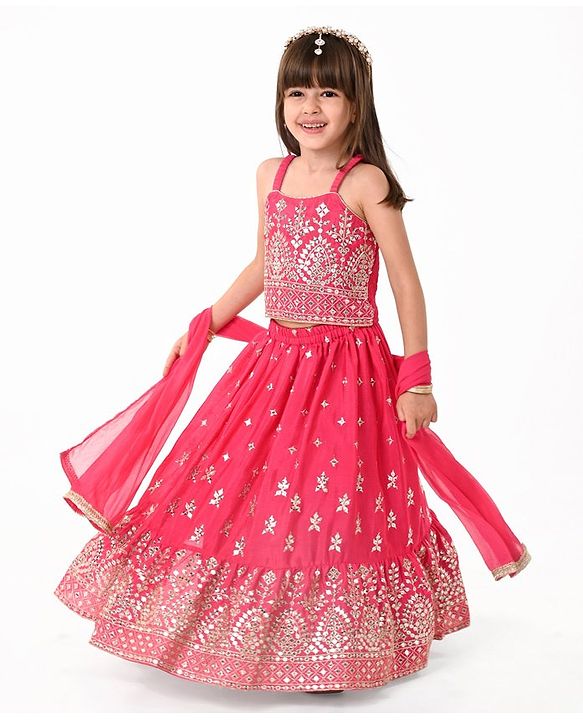 Babyhug Woven Sleeveless Mirror Work Embroidered Choli Lehenga & Duapatta Set- Hot Pink