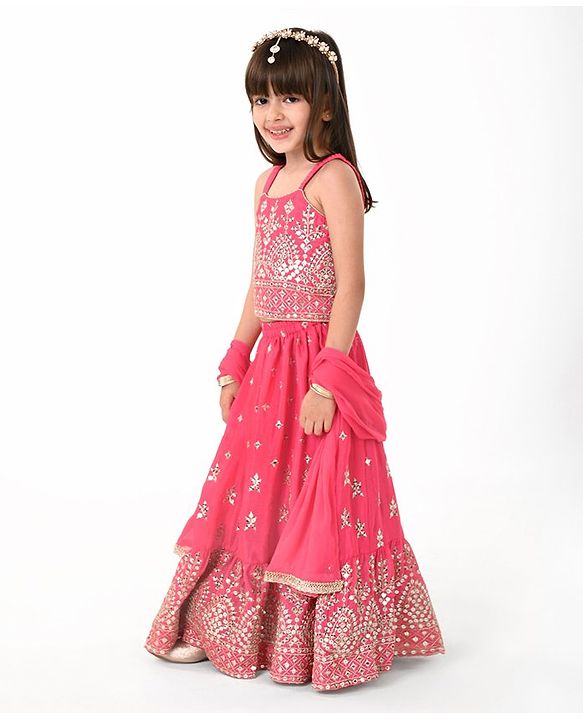 Babyhug Woven Sleeveless Mirror Work Embroidered Choli Lehenga & Duapatta Set- Hot Pink