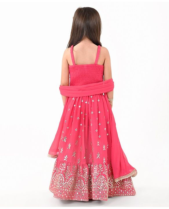 Babyhug Woven Sleeveless Mirror Work Embroidered Choli Lehenga & Duapatta Set- Hot Pink