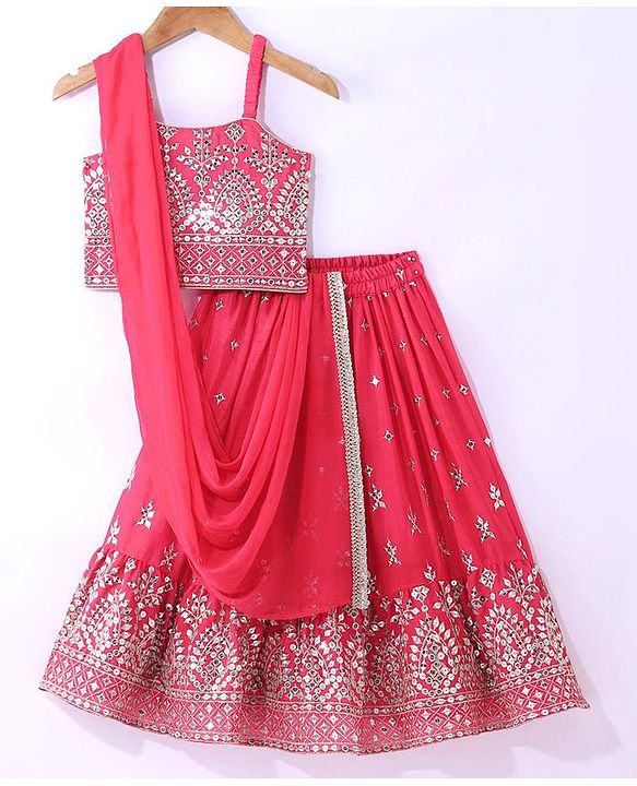 Babyhug Woven Sleeveless Mirror Work Embroidered Choli Lehenga & Duapatta Set- Hot Pink