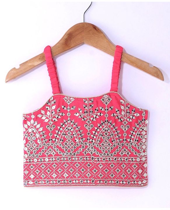 Babyhug Woven Sleeveless Mirror Work Embroidered Choli Lehenga & Duapatta Set- Hot Pink