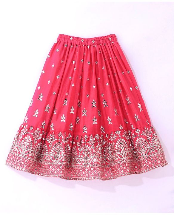 Babyhug Woven Sleeveless Mirror Work Embroidered Choli Lehenga & Duapatta Set- Hot Pink
