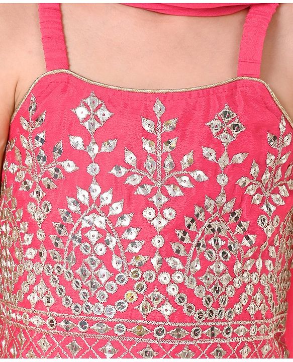Babyhug Woven Sleeveless Mirror Work Embroidered Choli Lehenga & Duapatta Set- Hot Pink