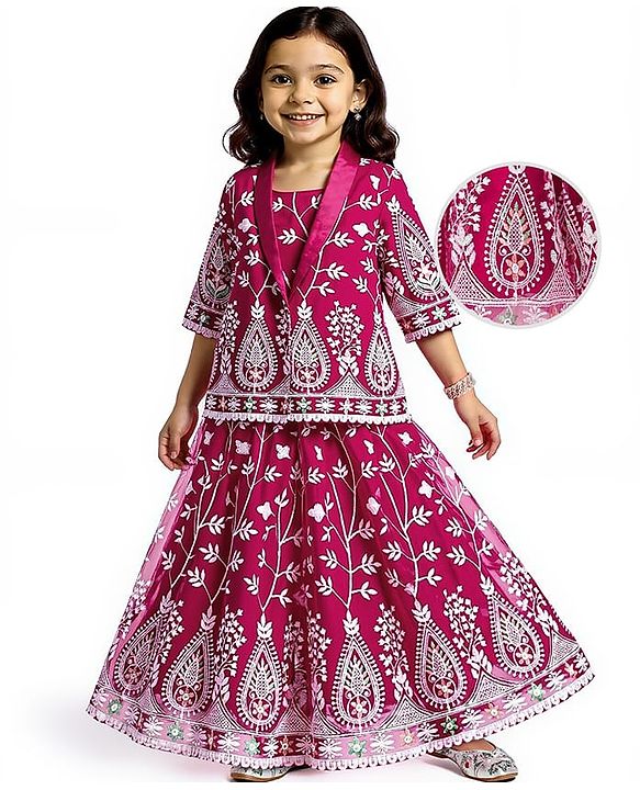 Babyhug Woven Three Fourth Sleeves Floral Embroidered Choli Lehenga Set with Jacket - Pink