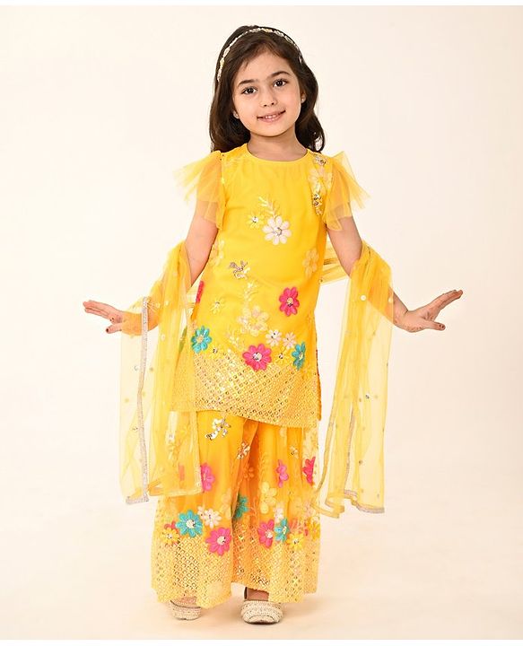 Babyhug Woven Frill Sleeves Net Floral Embroidered Kurti Palazzo & Dupatta Set - Yellow
