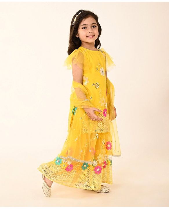Babyhug Woven Frill Sleeves Net Floral Embroidered Kurti Palazzo & Dupatta Set - Yellow