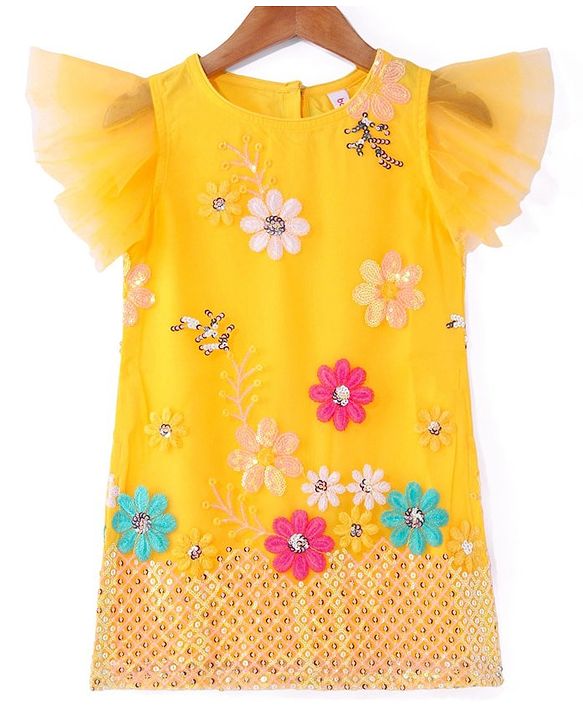 Babyhug Woven Frill Sleeves Net Floral Embroidered Kurti Palazzo & Dupatta Set - Yellow