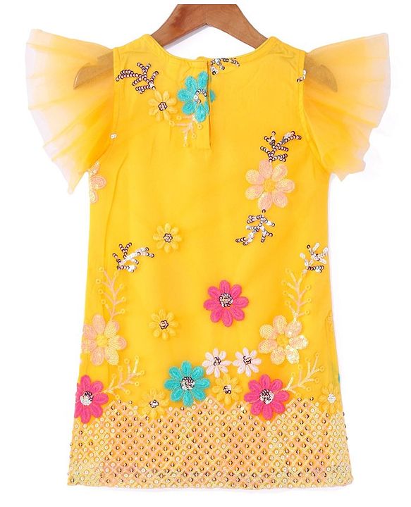 Babyhug Woven Frill Sleeves Net Floral Embroidered Kurti Palazzo & Dupatta Set - Yellow