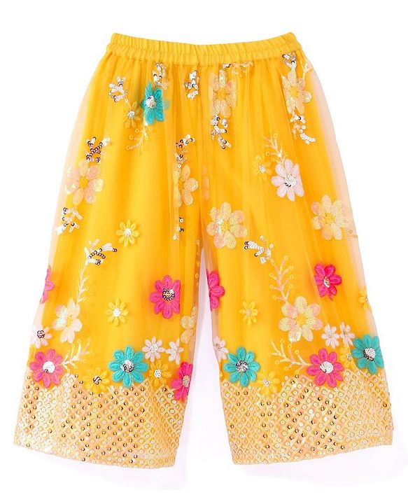 Babyhug Woven Frill Sleeves Net Floral Embroidered Kurti Palazzo & Dupatta Set - Yellow