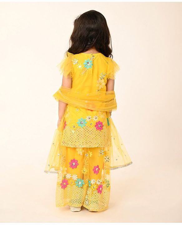 Babyhug Woven Frill Sleeves Net Floral Embroidered Kurti Palazzo & Dupatta Set - Yellow