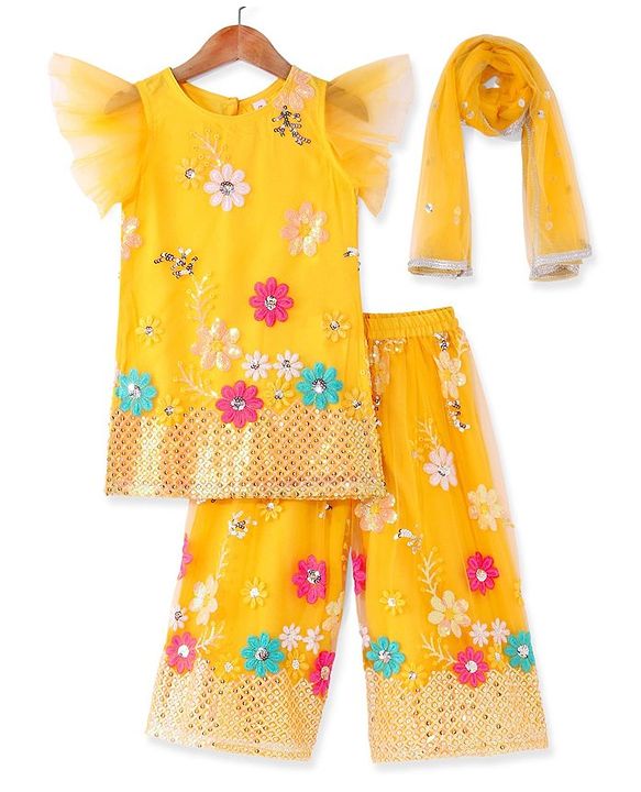 Babyhug Woven Frill Sleeves Net Floral Embroidered Kurti Palazzo & Dupatta Set - Yellow