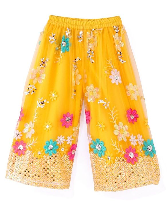 Babyhug Woven Frill Sleeves Net Floral Embroidered Kurti Palazzo & Dupatta Set - Yellow