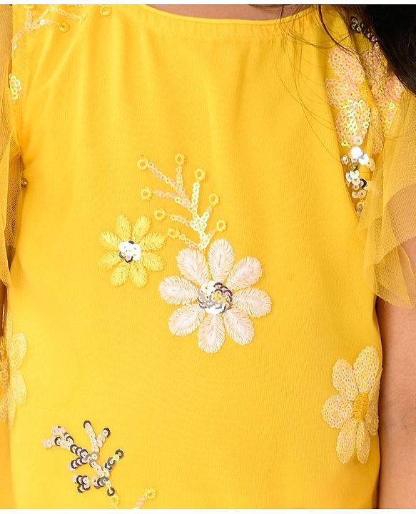 Babyhug Woven Frill Sleeves Net Floral Embroidered Kurti Palazzo & Dupatta Set - Yellow
