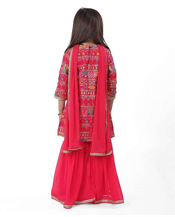 Babyhug Woven Three Fourth Sleeves Sequined Embroidered Kurti & Gharara Set with Dupatta - Fuschia