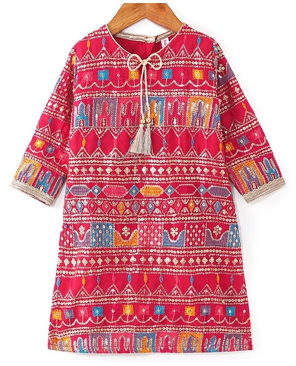 Babyhug Woven Three Fourth Sleeves Sequined Embroidered Kurti & Gharara Set with Dupatta - Fuschia