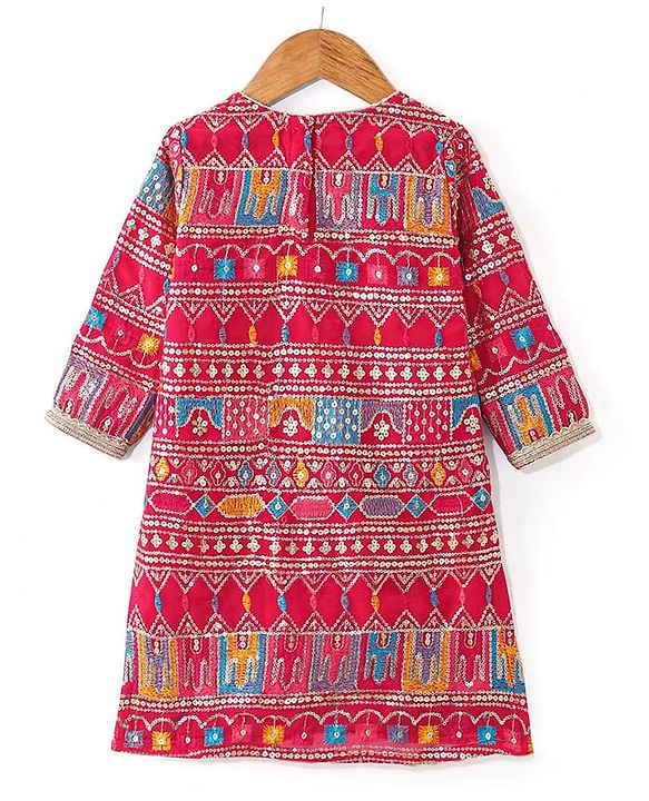 Babyhug Woven Three Fourth Sleeves Sequined Embroidered Kurti & Gharara Set with Dupatta - Fuschia