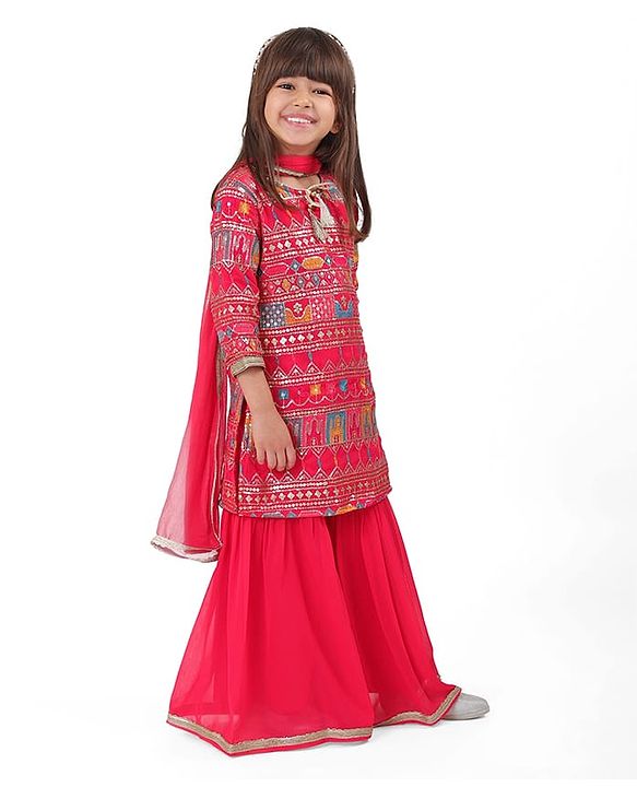 Babyhug Woven Three Fourth Sleeves Sequined Embroidered Kurti & Gharara Set with Dupatta - Fuschia