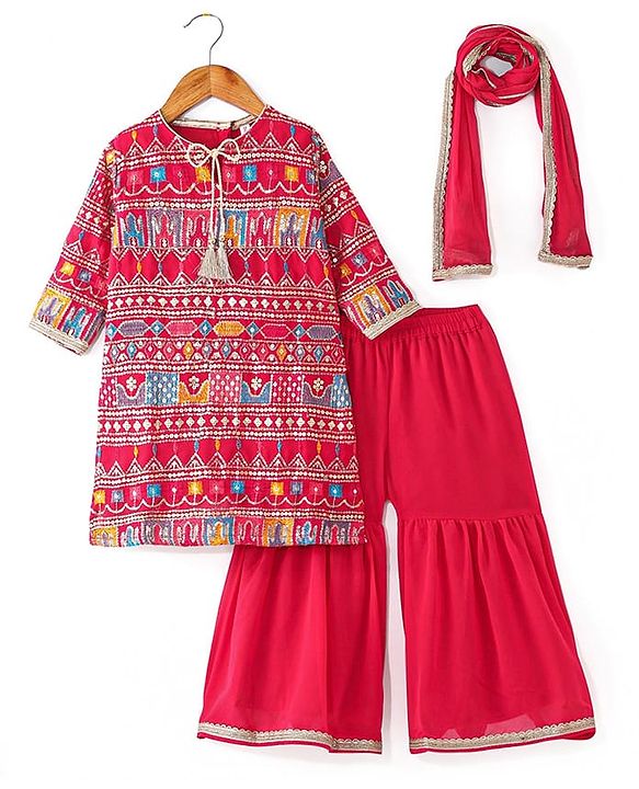 Babyhug Woven Three Fourth Sleeves Sequined Embroidered Kurti & Gharara Set with Dupatta - Fuschia