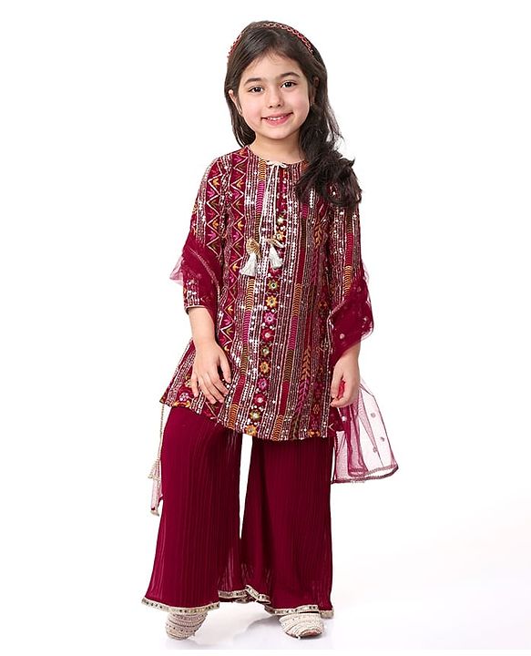 Babyhug Woven Georgette Three Fourth Sleeves Sequins Embroidered Kurti Palazzo Set with  Dupatta - Hot Pink