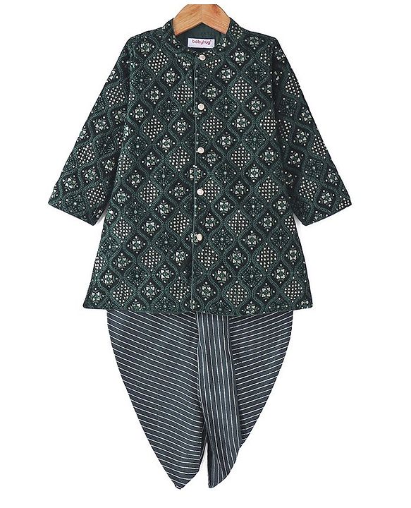 Babyhug Woven Full Sleeves Kurta Dhoti Set Floral Embroidery & Sequined - Green