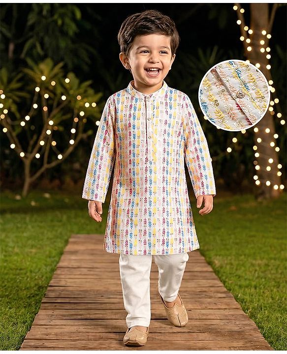 Babyhug Woven Full Sleeves SEquined Embroidered Kurta Pyjama Set - Multicolour
