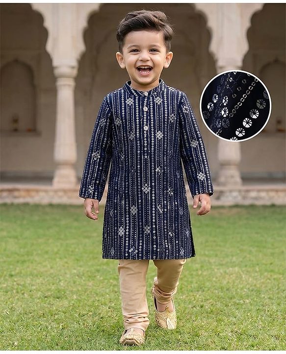 Babyhug Woven Full Sleeves Sequined Kurta Pyjama Set -Navy Blue