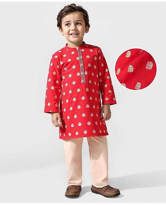 Babyhug Woven Full Sleeves Foil Printed Kurta Pyjama Set - Red