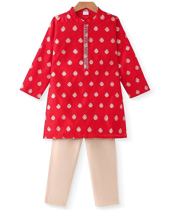 Babyhug Woven Full Sleeves Foil Printed Kurta Pyjama Set - Red