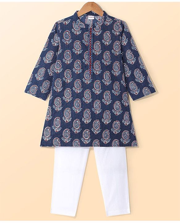 Babyhug Cambric Woven Full Sleeves Printed Kurta Pyjama Set - Blue