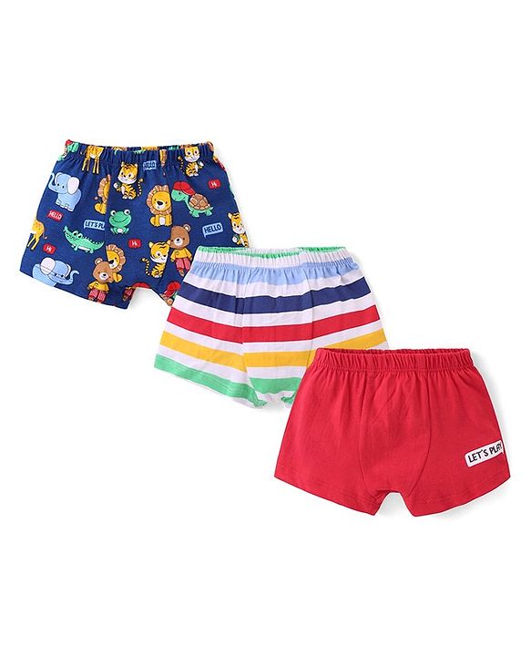 Babyhug 100% Cotton Trunks Solid Striped & Animal Print Pack of 3 - Multicolour