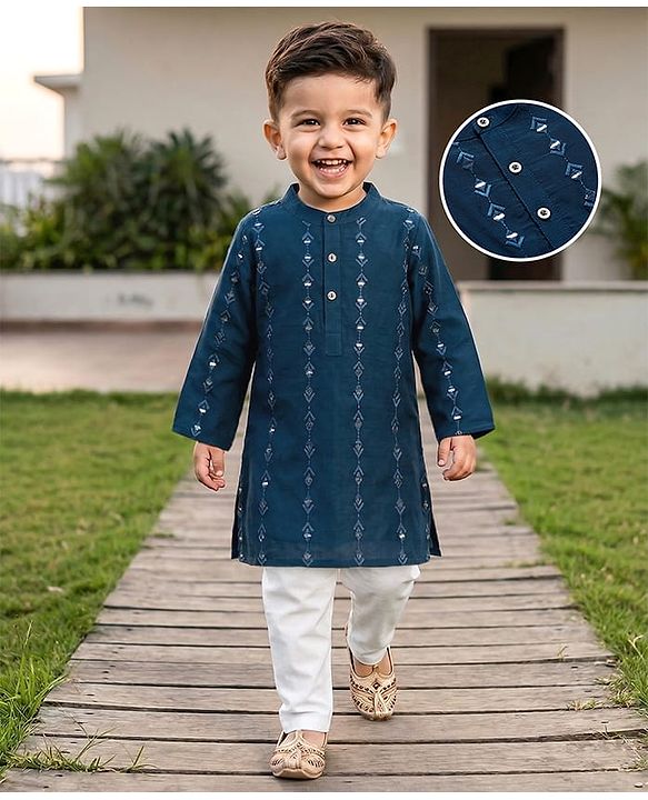 Babyhug Woven Full Sleeves Kurta Pyjama Set with Mirror Work Embroidery - Navy Blue