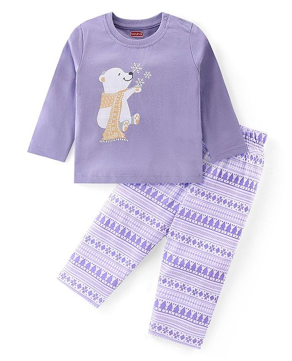 Babyhug Cotton Knit Full Sleeves Night Suit With Bear Print -Lavender