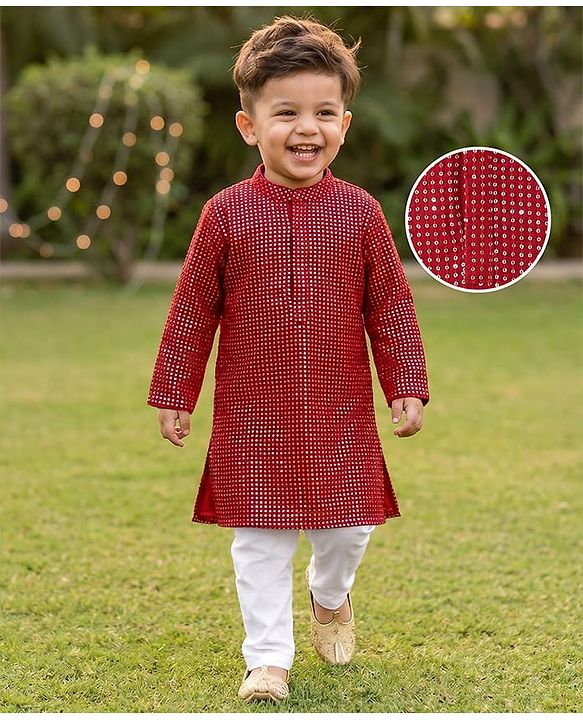 Babyhug Woven Full Sleeves Sequinned Kurta Pyjama Set - Red